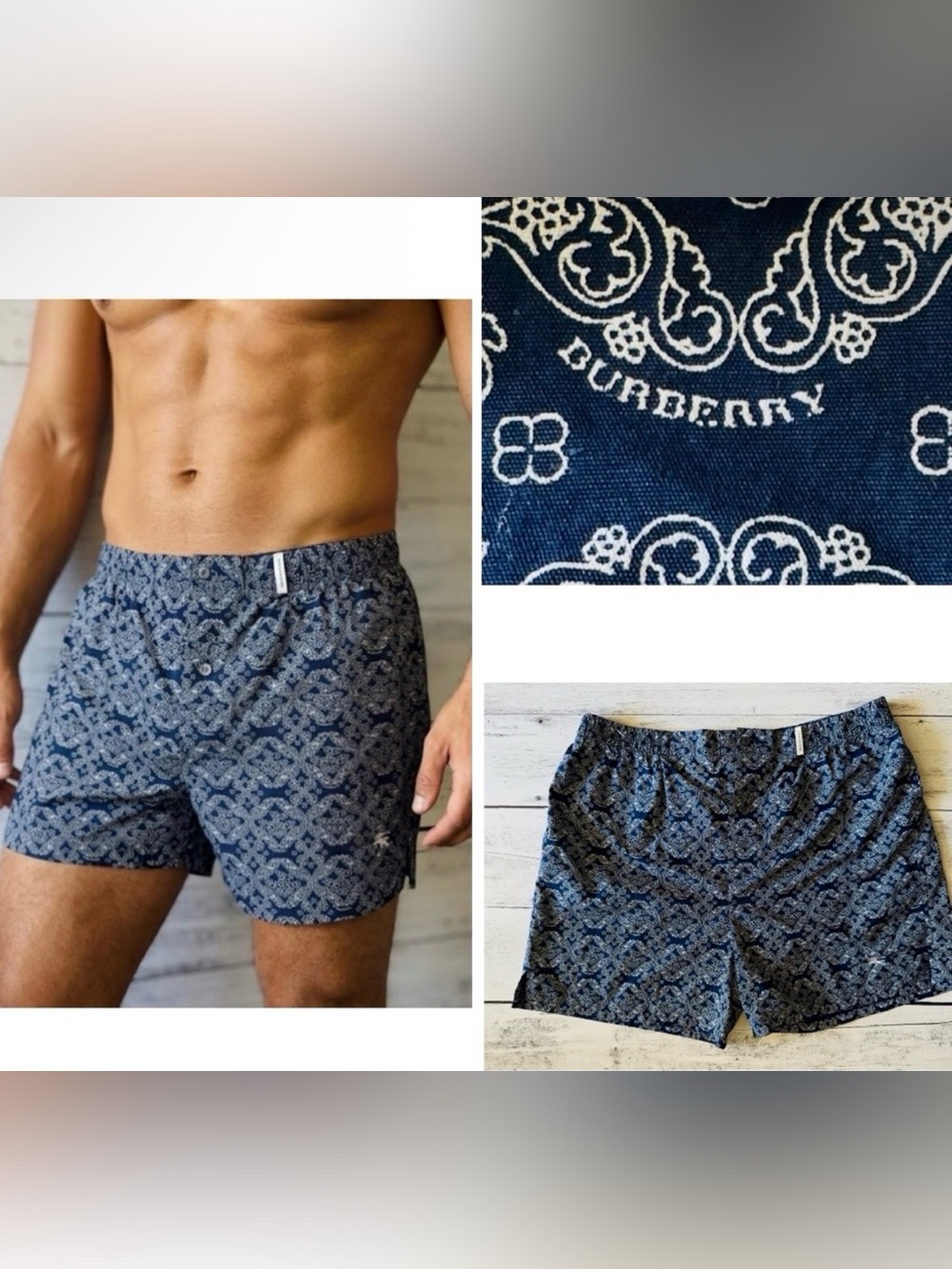 NWOT Burberry London Men's Cotton Boxers Blue White Paisley Pajama Shorts Large